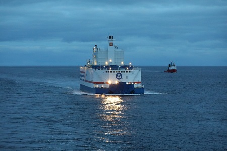 The floating nuclear power station Akademik Lomonosov has passed its first 1000 miles on the way to Pevek 